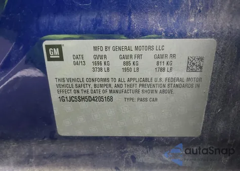 2013 Chevrolet Sonic Lt Auto z USA, uszkodzony, nr VIN 1G1JC5SH5D4205168